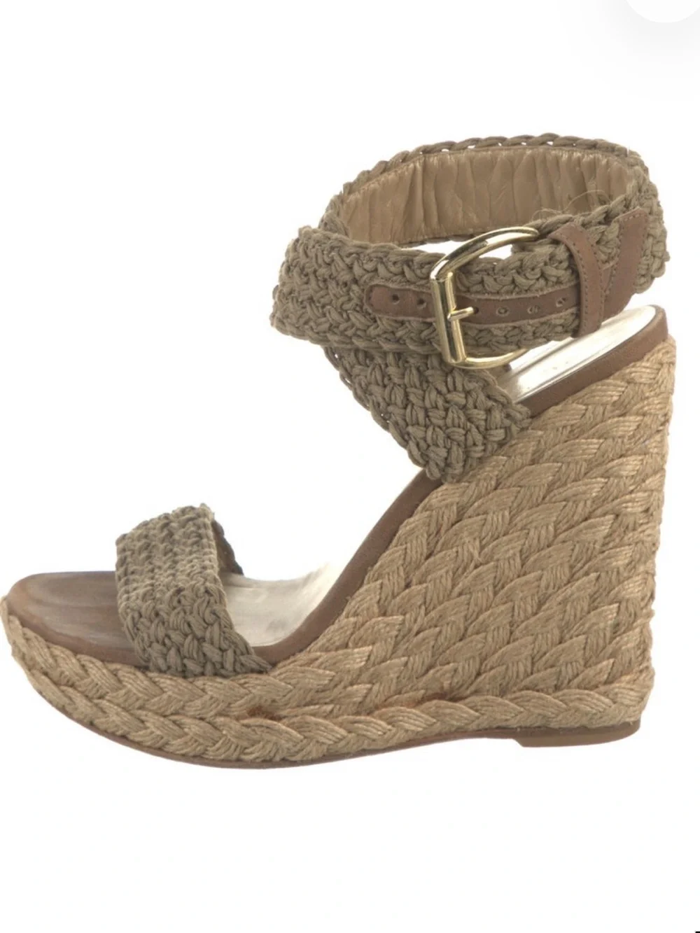 Stuart Weitzman Braided Straw Wedge Sandals in Natural Tan